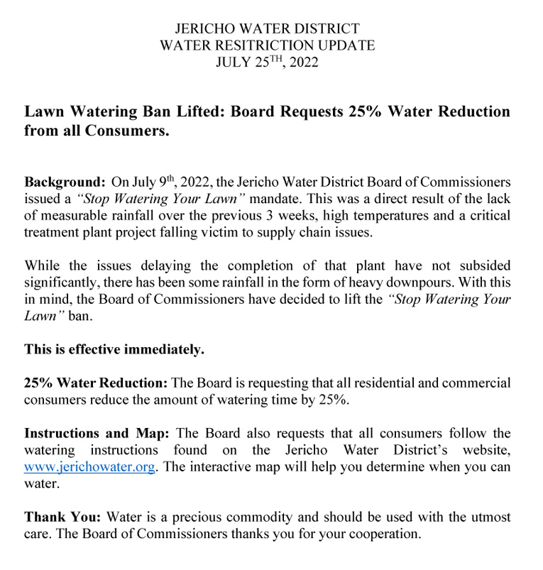 Jericho Water District Restriction Update